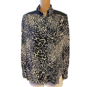 VTG 80s JORDAN WOMAN BUTTON UP SHIRT SIZE 9/10 BLACK WITH LEOPARD PRINT SILKY